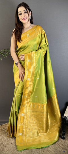 Green color Saree in Banarasi Silk fabric with Weaving work