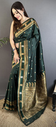 Green color Saree in Banarasi Silk fabric with Weaving work