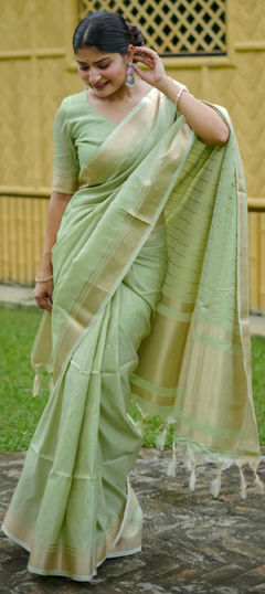 Green color Saree in Raw Silk fabric with Weaving, Zari work