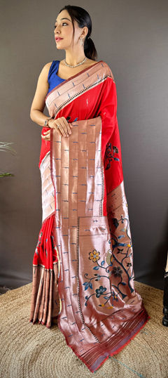 Beige and Brown, Red and Maroon color Saree in Silk fabric with Weaving work