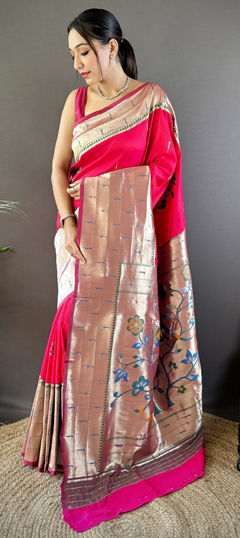 Beige and Brown, Pink and Majenta color Saree in Silk fabric with Weaving work