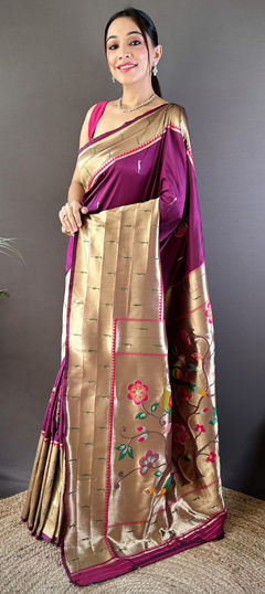 Beige and Brown, Purple and Violet color Saree in Silk fabric with Weaving work