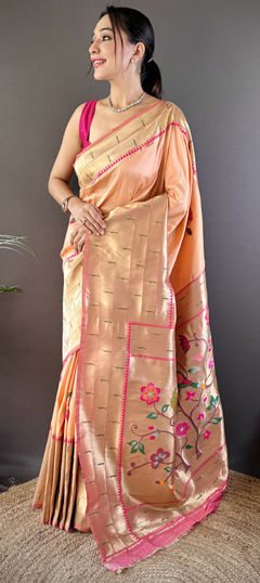 Beige and Brown, Pink and Majenta color Saree in Silk fabric with Weaving work