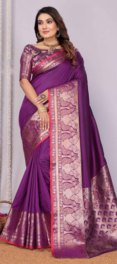 Pink and Majenta color Saree in Silk fabric with Weaving work