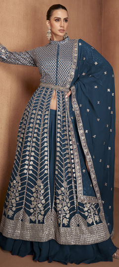 Blue color Salwar Kameez in Georgette fabric with Embroidered, Sequence, Thread, Zari work