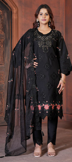 Black and Grey color Salwar Kameez in Roman Silk, Viscose fabric with Embroidered, Resham, Sequence, Thread work