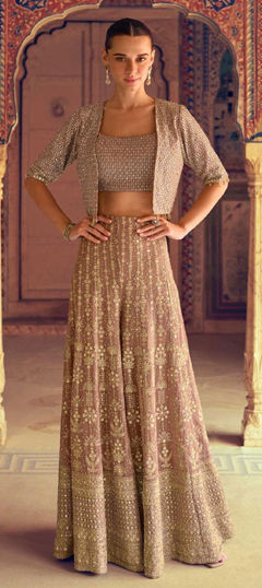 Purple and Violet color Salwar Kameez in Georgette fabric with Bugle Beads, Embroidered, Sequence, Stone, Swarovski, Zircon work