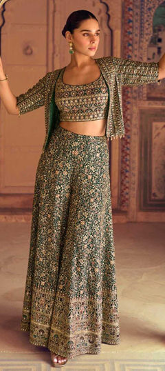Green color Salwar Kameez in Georgette fabric with Bugle Beads, Embroidered, Sequence, Stone, Swarovski, Zircon work