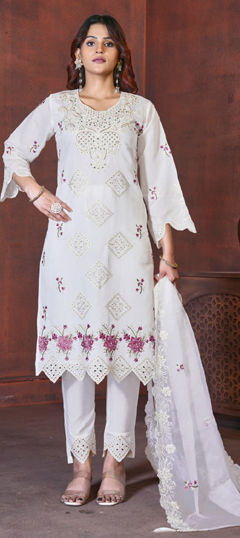 White and Off White color Salwar Kameez in Roman Silk, Viscose fabric with Embroidered, Resham, Sequence, Thread work