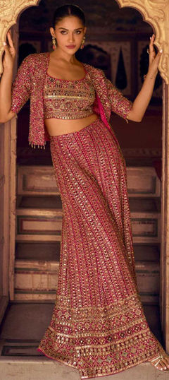 Pink and Majenta color Salwar Kameez in Georgette fabric with Bugle Beads, Embroidered, Sequence, Stone, Swarovski, Zircon work