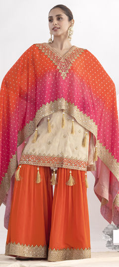 Beige and Brown, Orange color Salwar Kameez in Shimmer, Viscose fabric with Embroidered, Mirror, Sequence work