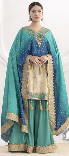 Beige and Brown, Blue color Salwar Kameez in Shimmer, Viscose fabric with Embroidered, Mirror, Sequence work