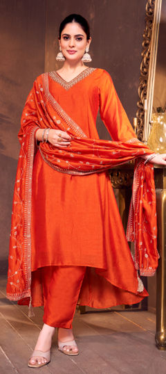 Beige and Brown color Salwar Kameez in Silk fabric with Embroidered, Sequence, Thread, Zardozi work