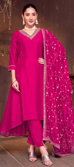 Pink and Majenta color Salwar Kameez in Silk fabric with Embroidered, Sequence, Thread, Zardozi work