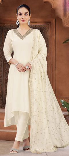 White and Off White color Salwar Kameez in Silk fabric with Embroidered, Sequence, Thread, Zardozi work
