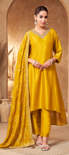 Gold color Salwar Kameez in Silk fabric with Embroidered, Sequence, Thread, Zardozi work