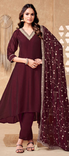 Red and Maroon color Salwar Kameez in Silk fabric with Embroidered, Sequence, Thread, Zardozi work