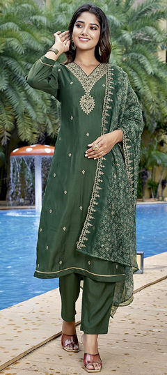Green color Salwar Kameez in Chanderi Silk, Viscose fabric with Printed work