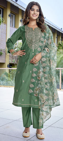 Green color Salwar Kameez in Chanderi Silk, Viscose fabric with Printed work