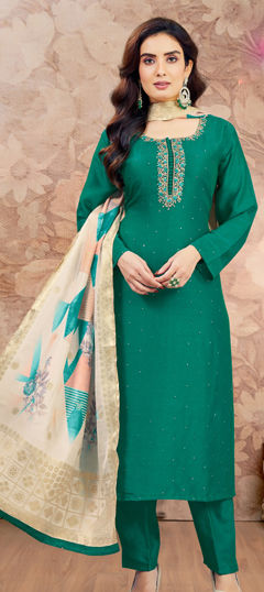 Green color Salwar Kameez in Silk fabric with Bugle Beads, Sequence, Thread work