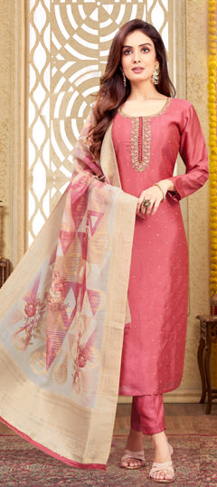 Pink and Majenta color Salwar Kameez in Silk fabric with Bugle Beads, Sequence, Thread work