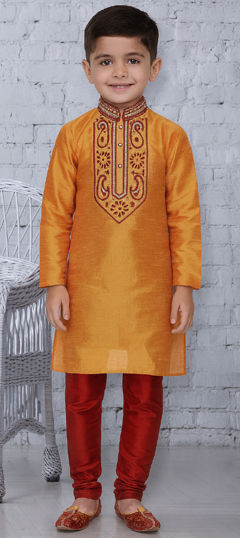 Orange color Boys Kurta Pyjama in Dupion Silk fabric with Embroidered work