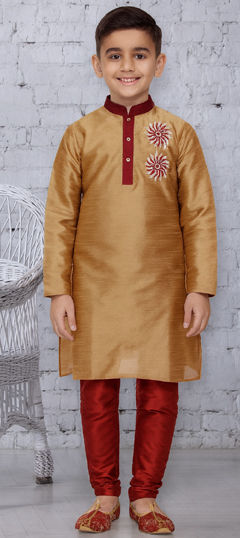 Beige and Brown color Boys Kurta Pyjama in Dupion Silk fabric with Embroidered work