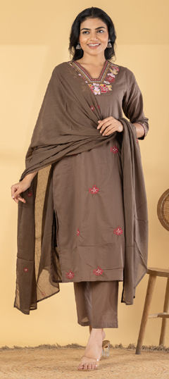 Beige and Brown color Salwar Kameez in Cotton fabric with Embroidered, Resham, Thread work