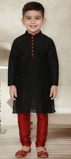 Black and Grey color Boys Kurta Pyjama in Dupion Silk fabric with Thread work