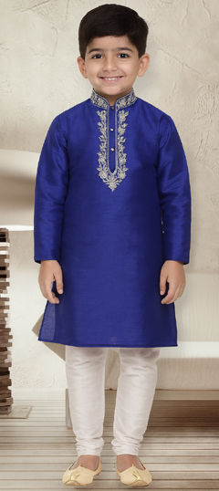 Blue color Boys Kurta Pyjama in Dupion Silk fabric with Embroidered work