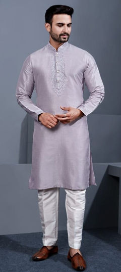 Purple and Violet color Kurta Pyjamas in Bangalore Silk fabric with Embroidered, Thread work