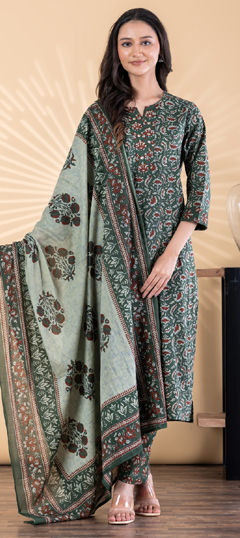 Green color Salwar Kameez in Cotton fabric with Floral, Printed, Sequence work