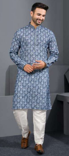 Black and Grey color Kurta Pyjamas in Silk cotton fabric with Printed work
