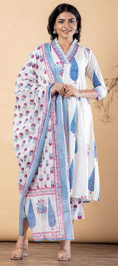 Blue, White and Off White color Salwar Kameez in Cotton fabric with Floral, Printed work