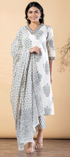 Green, White and Off White color Salwar Kameez in Cotton fabric with Bugle Beads, Floral, Printed work