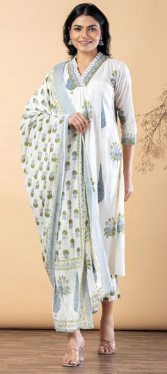 Black and Grey, White and Off White color Salwar Kameez in Cotton fabric with Floral, Printed, Sequence work