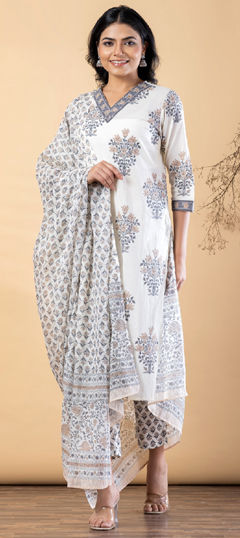 Pink and Majenta, White and Off White color Salwar Kameez in Cotton fabric with Bugle Beads, Floral, Printed work