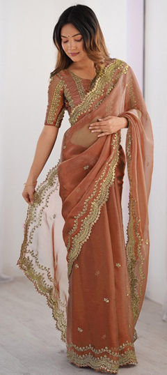 Orange color Saree in Art Silk fabric with Embroidered work