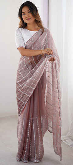 Red and Maroon color Saree in Chinon Silk fabric with Embroidered work