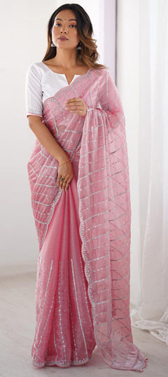 Pink and Majenta color Saree in Chinon Silk fabric with Embroidered work