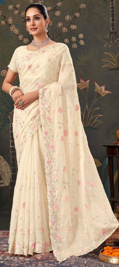 Beige and Brown color Saree in Crushed Silk fabric with Embroidered, Sequence, Thread work