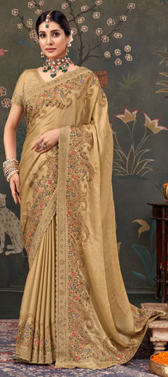 Beige and Brown color Saree in Chiffon fabric with Embroidered, Sequence, Thread work