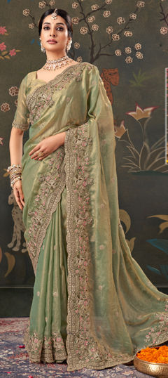 Green color Saree in Satin Silk fabric with Embroidered, Sequence, Thread work