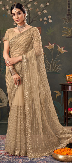 Beige and Brown color Saree in Net fabric with Embroidered, Sequence, Thread work