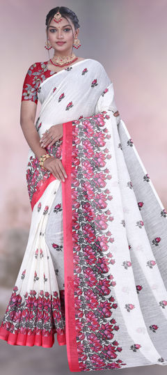 White and Off White color Saree in Cotton, Linen fabric with Floral, Printed work