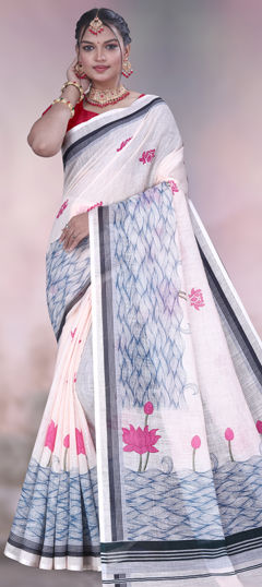White and Off White color Saree in Cotton, Linen fabric with Floral, Printed work