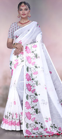 White and Off White color Saree in Cotton, Linen fabric with Floral, Printed work