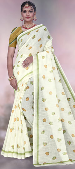 White and Off White color Saree in Cotton, Linen fabric with Printed work