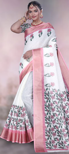 White and Off White color Saree in Cotton, Linen fabric with Floral, Printed work