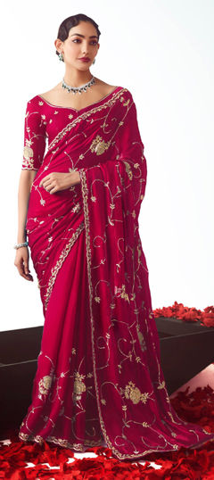Pink and Majenta color Saree in Silk fabric with Embroidered, Sequence, Thread work